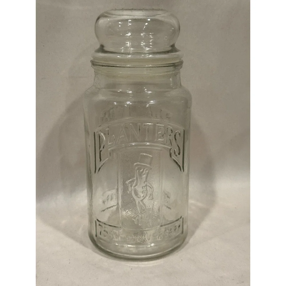 Vintage 1981 75th Anniversary Planters Mr. Peanut Glass Jar with Lid Cannister